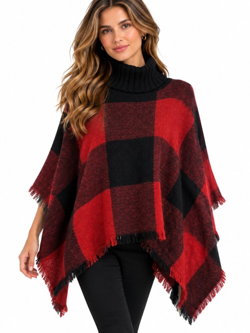 Tahari Red Buffalo Plaid Turtleneck Poncho OS Fringe Boho Lagenlook Holiday